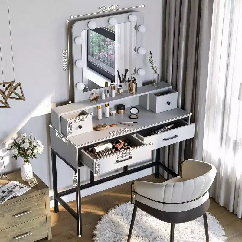 Vanity Desk with Lighted Mirror - 3-Color Dimmable Hollywood Makeup Table with 4 Drawers - White
