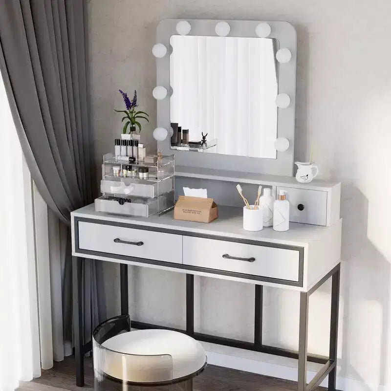 Vanity Desk with Lighted Mirror - 3-Color Dimmable Hollywood Makeup Table with 4 Drawers - White