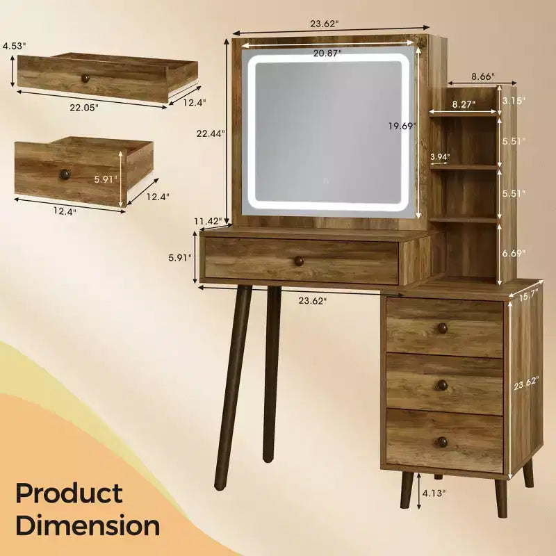 Vanity Desk with Lighted Mirror - 3-Color Dimmable Hollywood Makeup Table with 4 Drawers - White