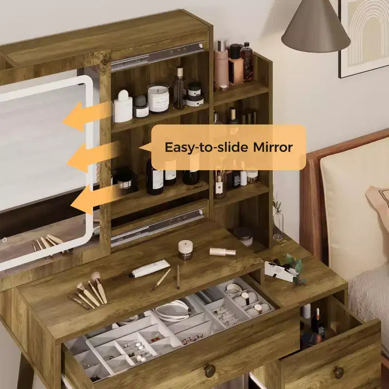 Vanity Desk with Lighted Mirror - 3-Color Dimmable Hollywood Makeup Table with 4 Drawers - White