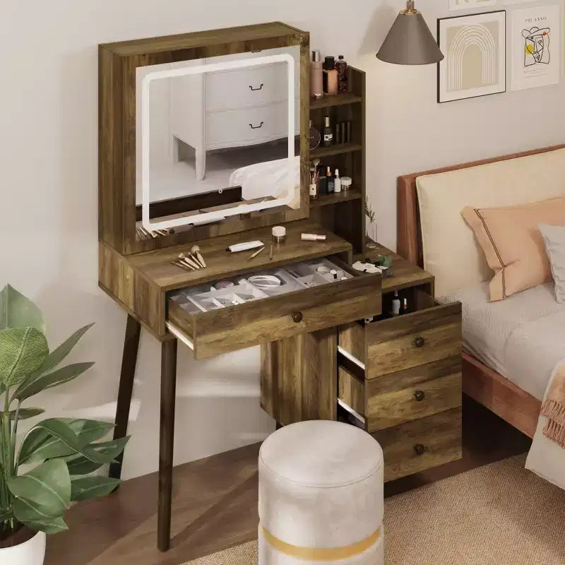 Vanity Desk with Lighted Mirror - 3-Color Dimmable Hollywood Makeup Table with 4 Drawers - White