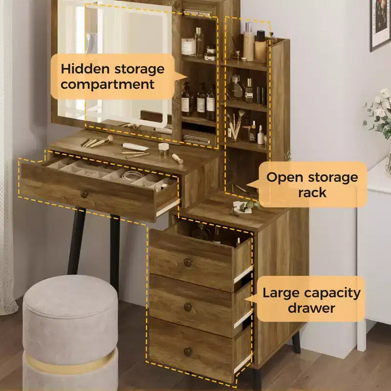 Vanity Desk with Lighted Mirror - 3-Color Dimmable Hollywood Makeup Table with 4 Drawers - White