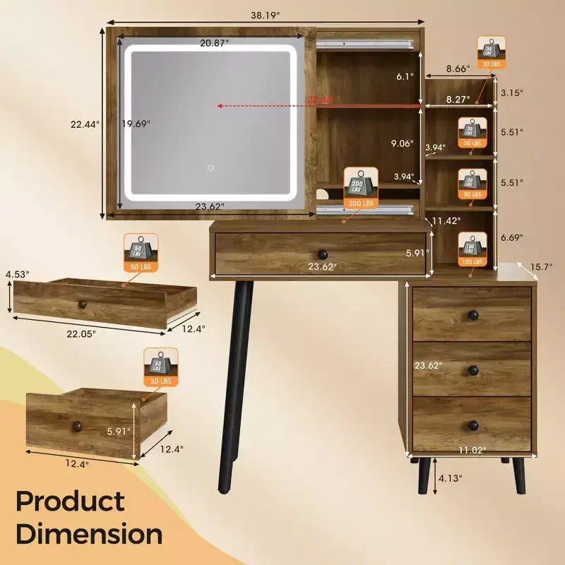 Vanity Desk with Lighted Mirror - 3-Color Dimmable Hollywood Makeup Table with 4 Drawers - White