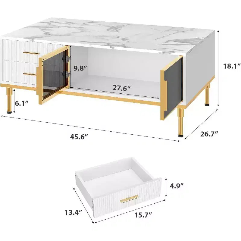 Large Modern Coffee Table with Faux Marble Top, 4 Drawers, Glass Door Storage and Fluted Panel Design
