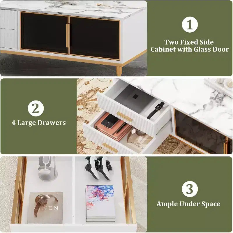 Large Modern Coffee Table with Faux Marble Top, 4 Drawers, Glass Door Storage and Fluted Panel Design