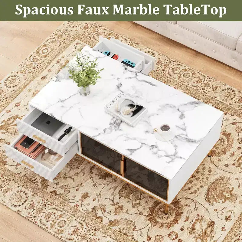 Large Modern Coffee Table with Faux Marble Top, 4 Drawers, Glass Door Storage and Fluted Panel Design