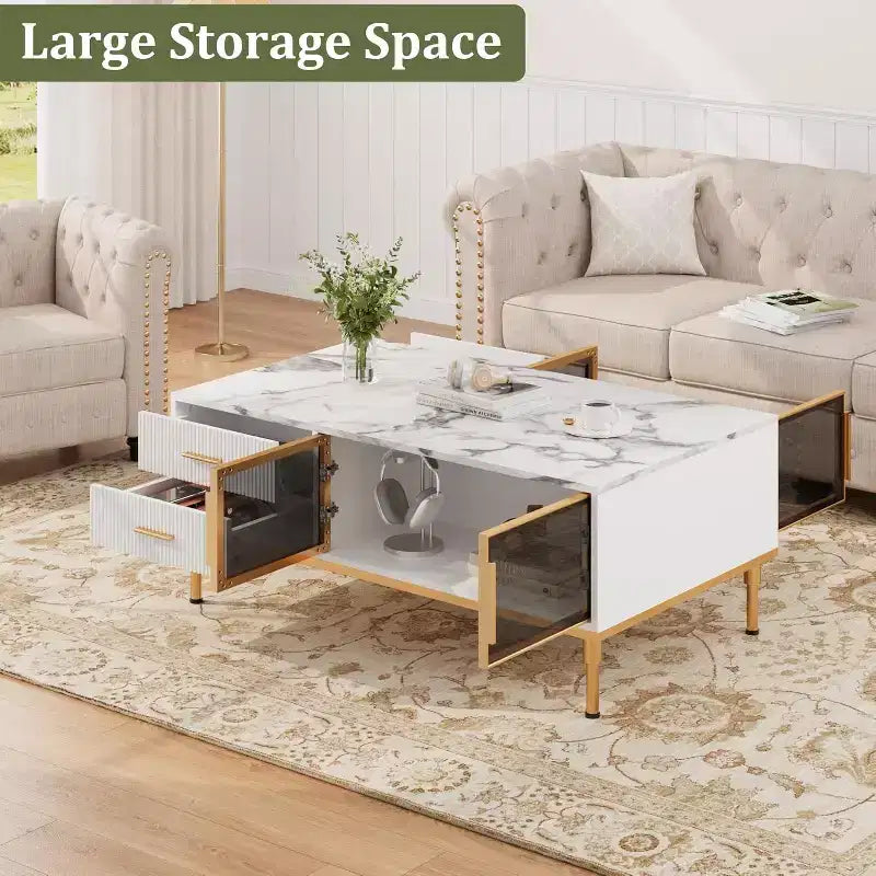 Large Modern Coffee Table with Faux Marble Top, 4 Drawers, Glass Door Storage and Fluted Panel Design