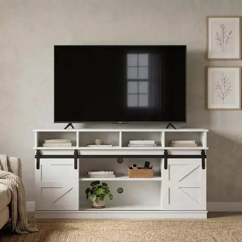 FurnitureR 58" Farmhouse TV Stand for TVs up to 65" with Sliding Barn Doors and Storage Shelves