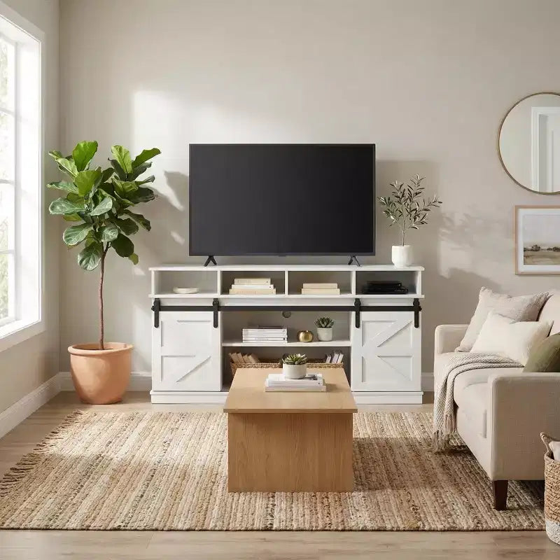 FurnitureR 58" Farmhouse TV Stand for TVs up to 65" with Sliding Barn Doors and Storage Shelves