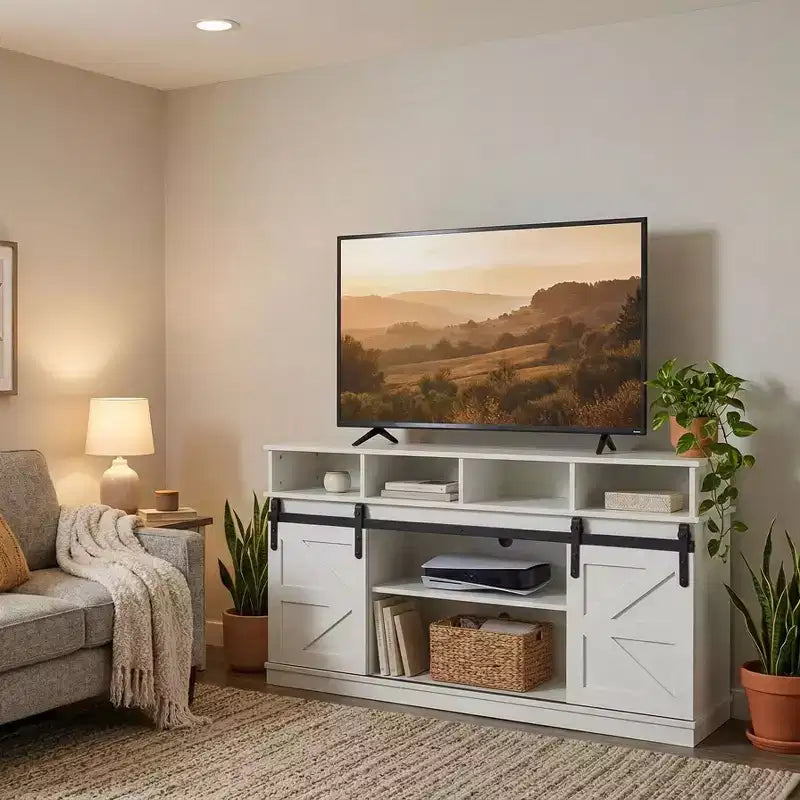 FurnitureR 58" Farmhouse TV Stand for TVs up to 65" with Sliding Barn Doors and Storage Shelves