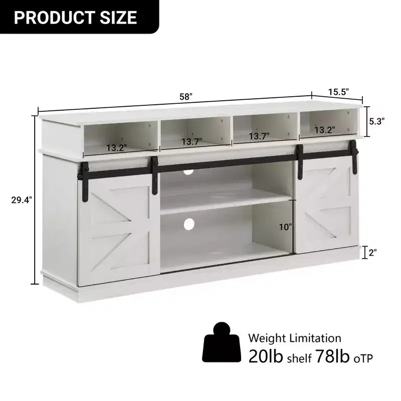 FurnitureR 58" Farmhouse TV Stand for TVs up to 65" with Sliding Barn Doors and Storage Shelves