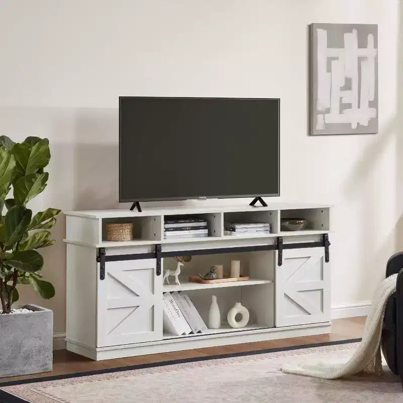 FurnitureR 58" Farmhouse TV Stand for TVs up to 65" with Sliding Barn Doors and Storage Shelves