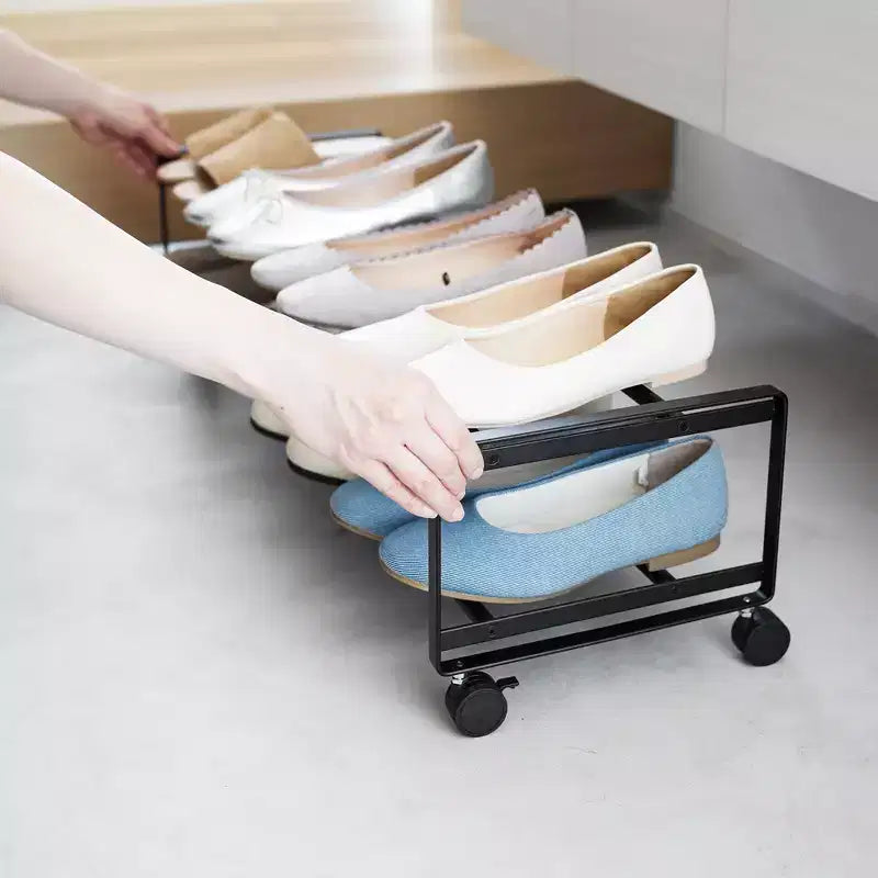 Yamazaki Home Two-Tier Rolling Shoe Rack in Steel - 8 Pairs Capacity