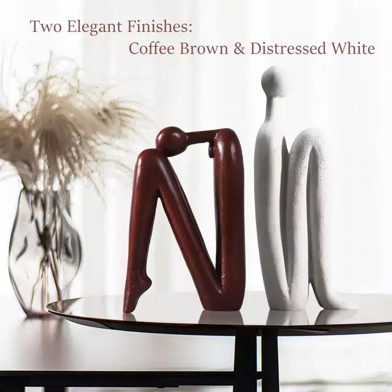 Thinker Statue Bookends in White and Brown - Heavy-Duty Resin Book Stoppers