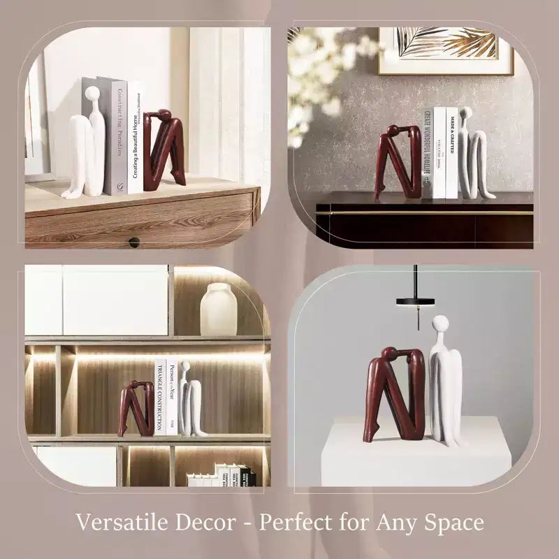 Thinker Statue Bookends in White and Brown - Heavy-Duty Resin Book Stoppers