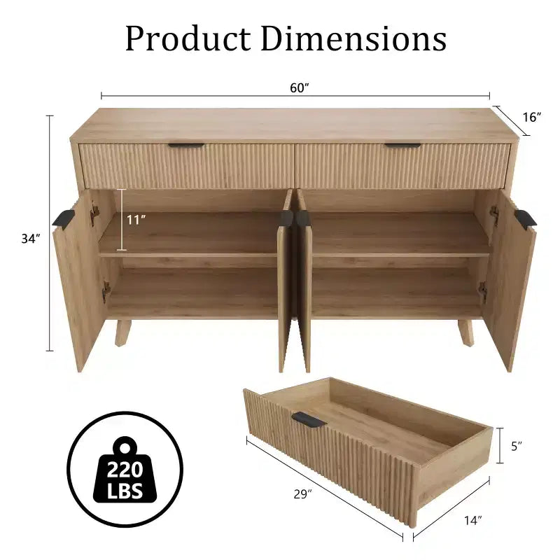 60" Fluted Buffet Cabinet with 2 Drawers and 4 Doors - Modern Sideboard for Dining Room, Living Room and Entryway