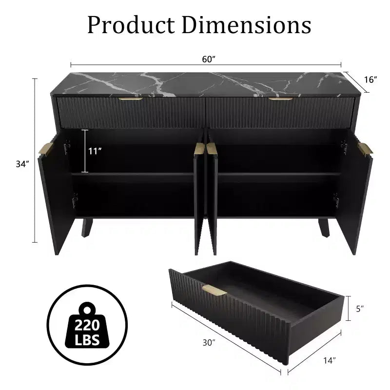 60" Fluted Buffet Cabinet with 2 Drawers and 4 Doors - Modern Sideboard for Dining Room, Living Room and Entryway