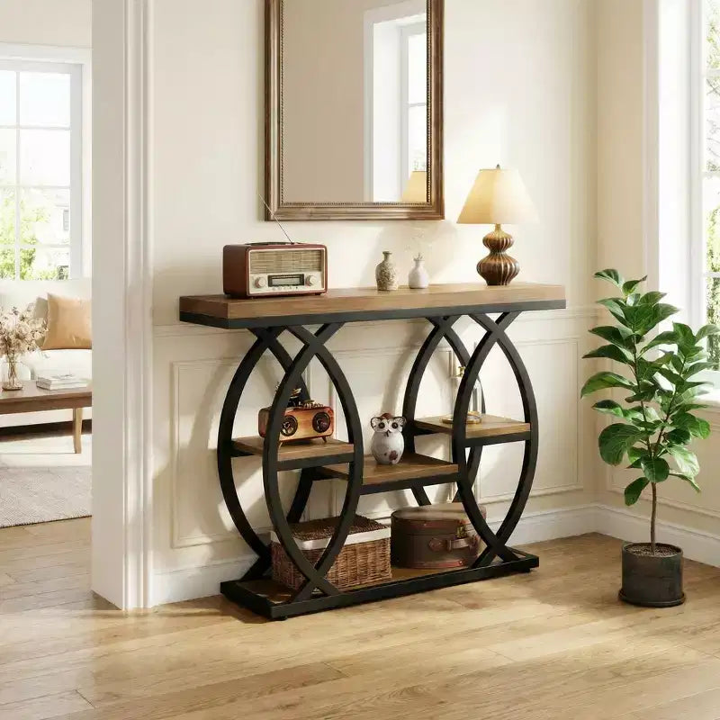 JVNOXK Industrial 4-Tier End Table with Geometric Metal Frame for Living Room
