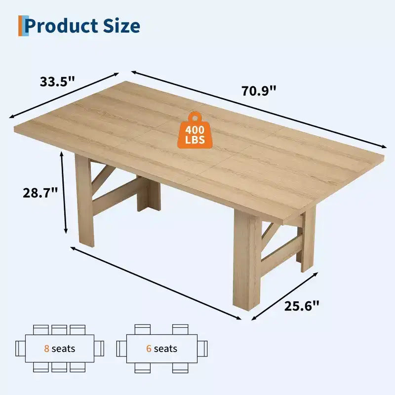 71" Farmhouse Dining Table for 6-8 with Heavy Duty Base and Triangular Legs - Home and Office