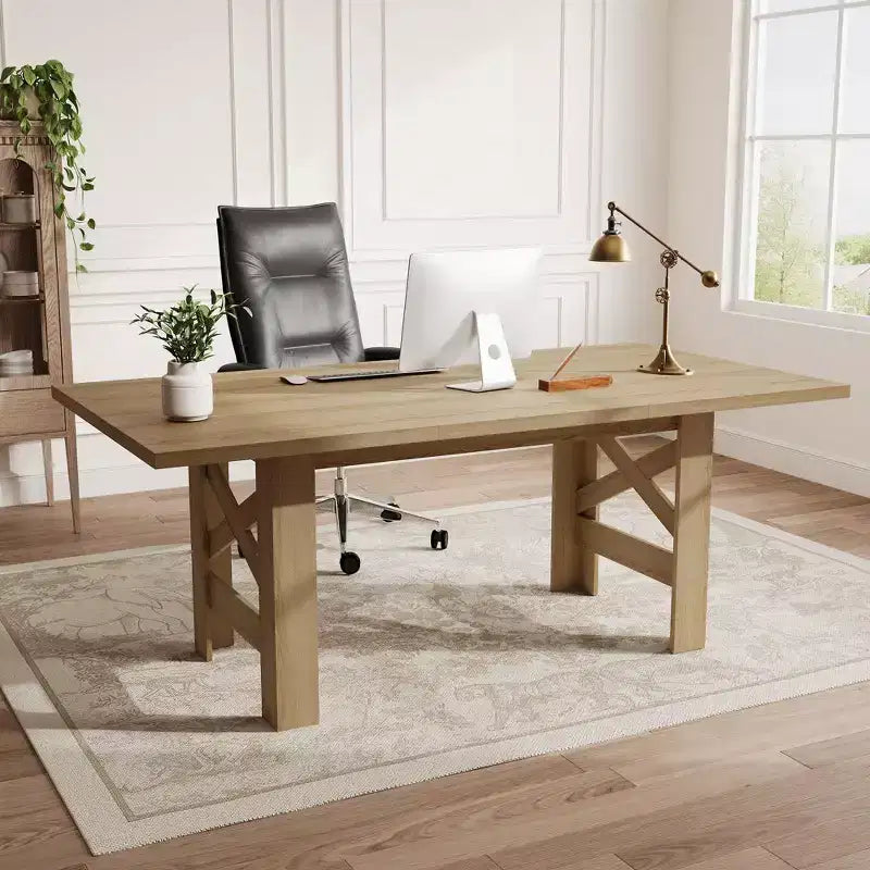 71" Farmhouse Dining Table for 6-8 with Heavy Duty Base and Triangular Legs - Home and Office