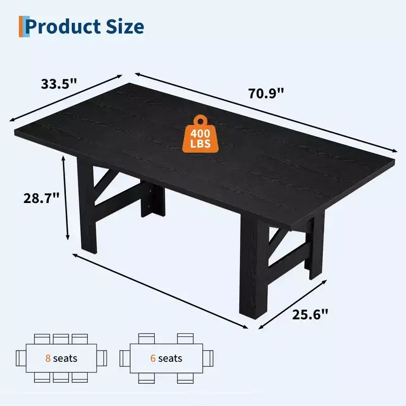 71" Farmhouse Dining Table for 6-8 with Heavy Duty Base and Triangular Legs - Home and Office