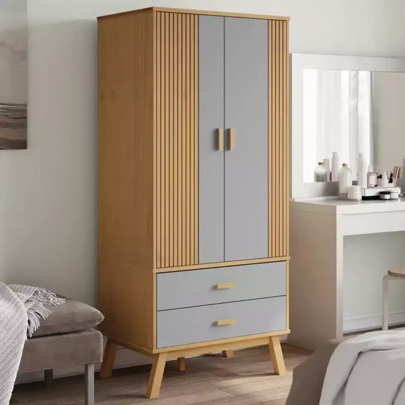 vidaXL Wardrobe in Grey and Brown - Solid Pine Wood and Engineered Wood