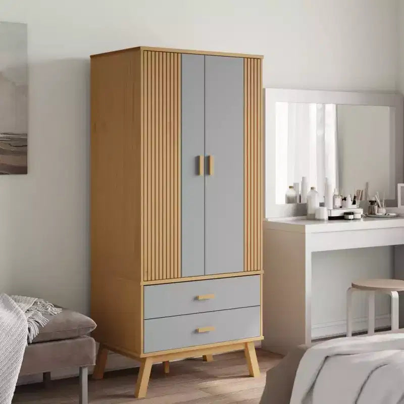vidaXL Wardrobe in Grey and Brown - Solid Pine Wood and Engineered Wood