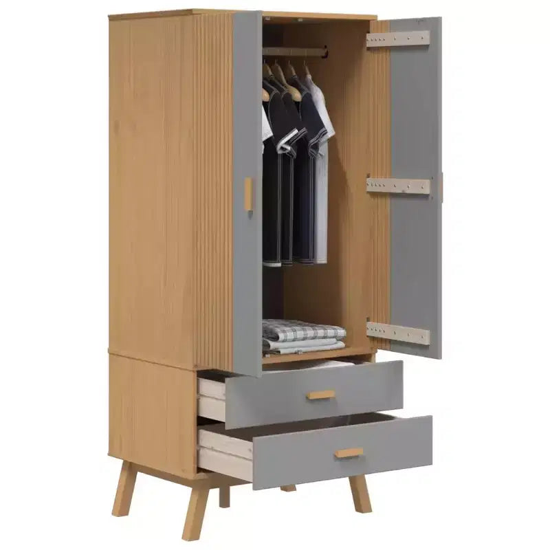 vidaXL Wardrobe in Grey and Brown - Solid Pine Wood and Engineered Wood