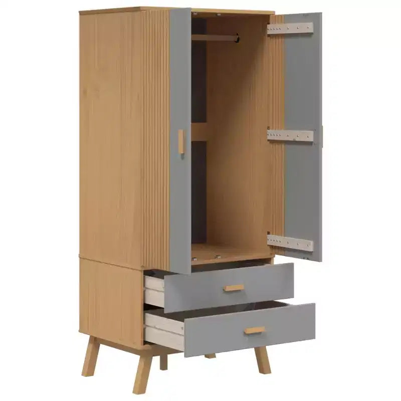 vidaXL Wardrobe in Grey and Brown - Solid Pine Wood and Engineered Wood