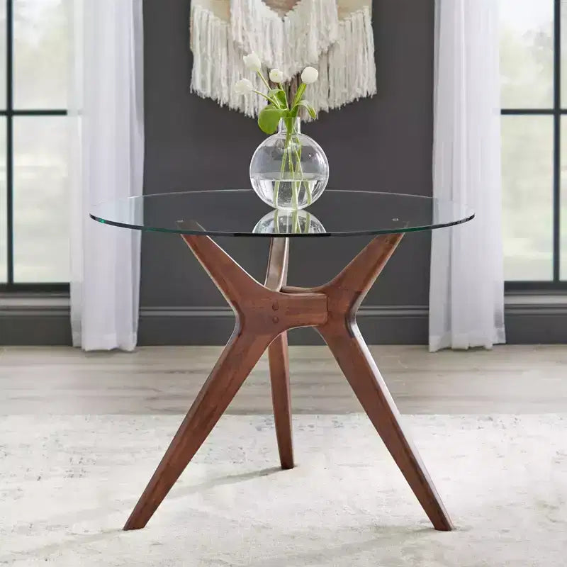 Lifestorey Trita 38" Round Tempered Glass Dining Table - Walnut