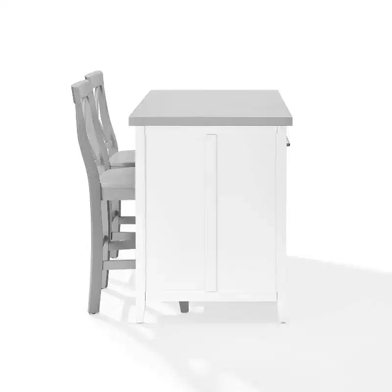 Crosley Silvia Stainless Steel Top Kitchen Island with X-Back Stools - White/Gray