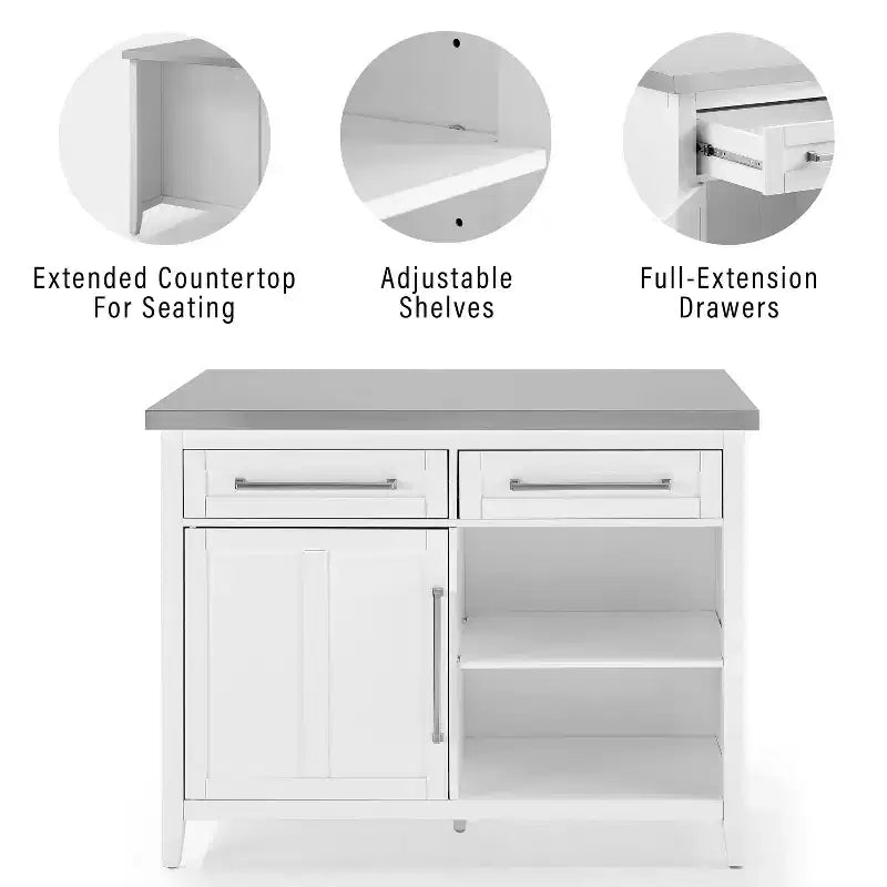 Crosley Silvia Stainless Steel Top Kitchen Island with X-Back Stools - White/Gray