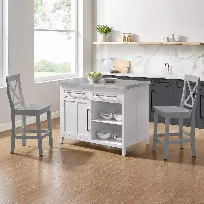Crosley Silvia Stainless Steel Top Kitchen Island with X-Back Stools - White/Gray