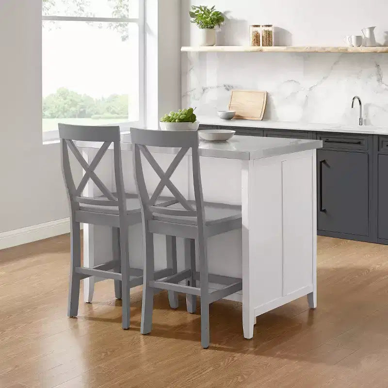 Crosley Silvia Stainless Steel Top Kitchen Island with X-Back Stools - White/Gray