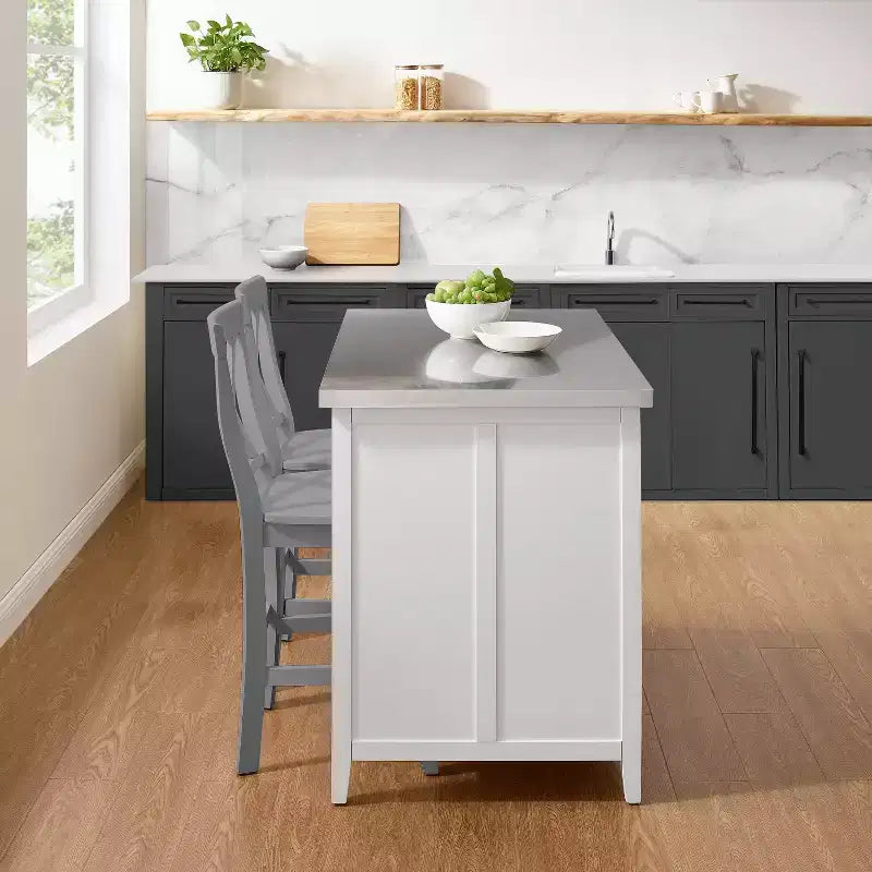 Crosley Silvia Stainless Steel Top Kitchen Island with X-Back Stools - White/Gray