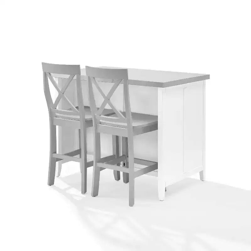 Crosley Silvia Stainless Steel Top Kitchen Island with X-Back Stools - White/Gray