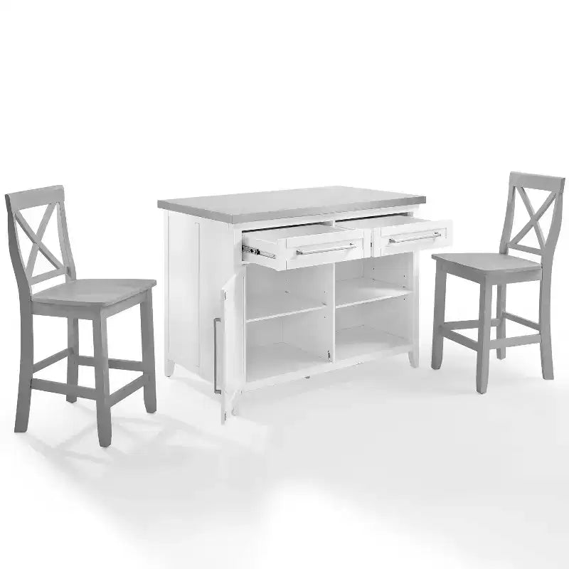 Crosley Silvia Stainless Steel Top Kitchen Island with X-Back Stools - White/Gray