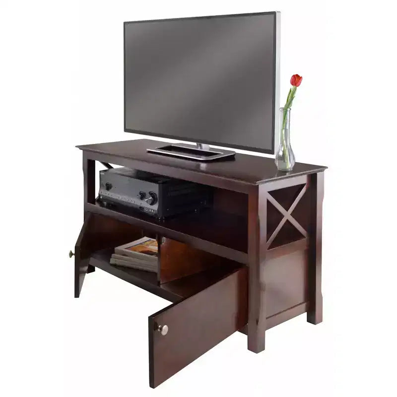 TV Stand for TVs up to 40" - Dark Brown with Beveled Edges, Chrome Pulls and Media Shelf