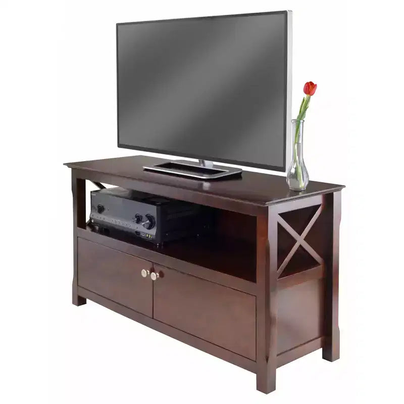 TV Stand for TVs up to 40" - Dark Brown with Beveled Edges, Chrome Pulls and Media Shelf
