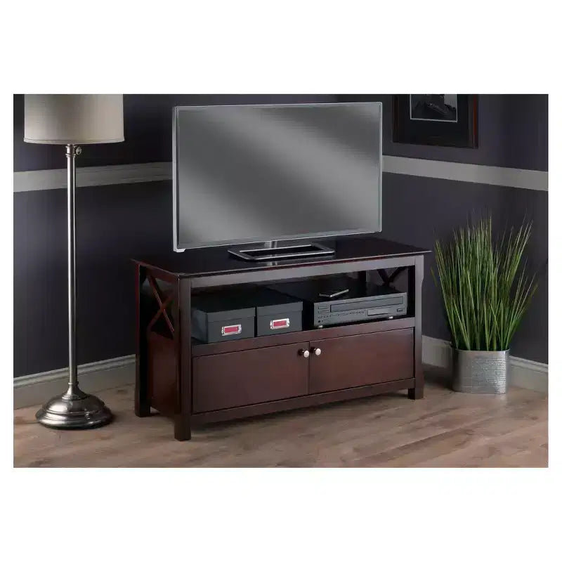 TV Stand for TVs up to 40" - Dark Brown with Beveled Edges, Chrome Pulls and Media Shelf