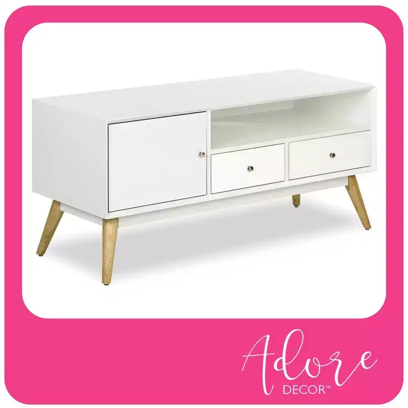 TV Stand for TVs up to 53" - French White Mid-Century Modern Media Console with Cord Management