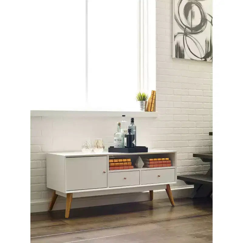 TV Stand for TVs up to 53" - French White Mid-Century Modern Media Console with Cord Management