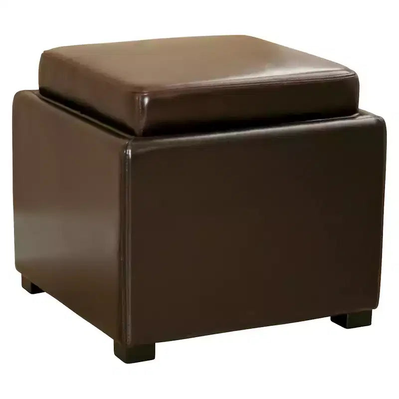 Tate Storage Ottoman in Dark Brown - Compact Seating with Side Table Function and Non-Marking Feet