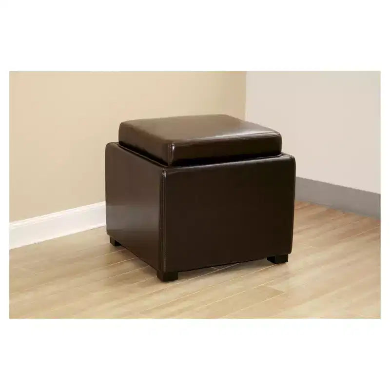 Tate Storage Ottoman in Dark Brown - Compact Seating with Side Table Function and Non-Marking Feet