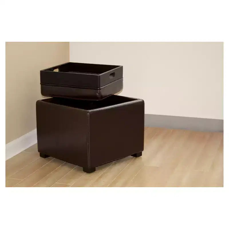 Tate Storage Ottoman in Dark Brown - Compact Seating with Side Table Function and Non-Marking Feet