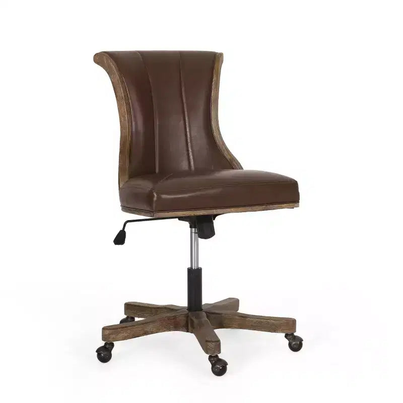 Contemporary Upholstered Roll Back Swivel Office Chair with Adjustable Height - Dark Brown/Natural