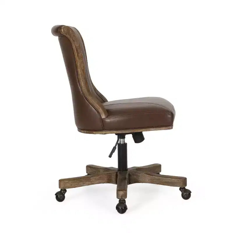 Contemporary Upholstered Roll Back Swivel Office Chair with Adjustable Height - Dark Brown/Natural