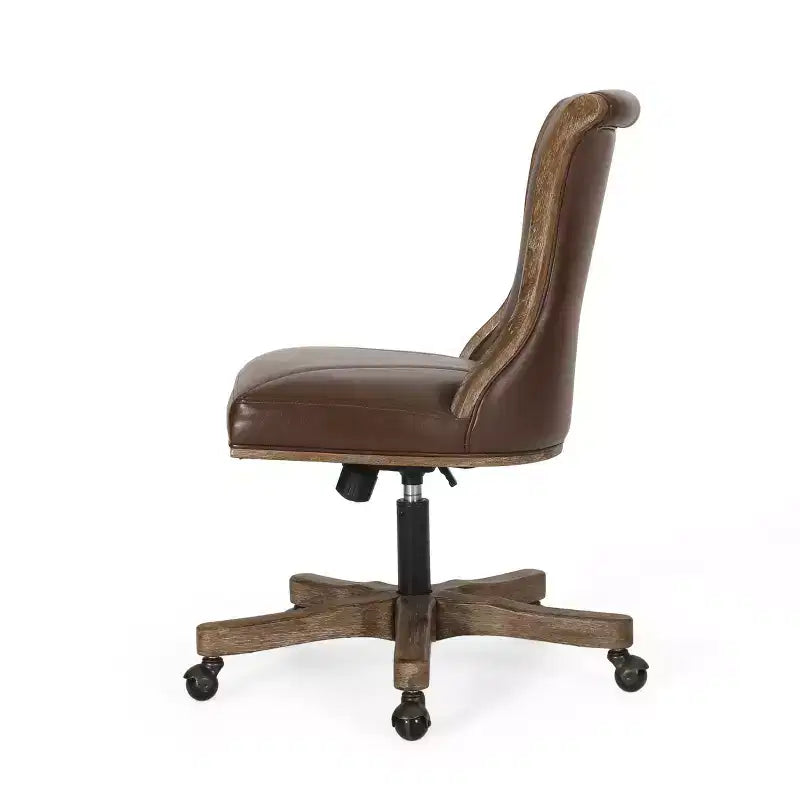 Contemporary Upholstered Roll Back Swivel Office Chair with Adjustable Height - Dark Brown/Natural