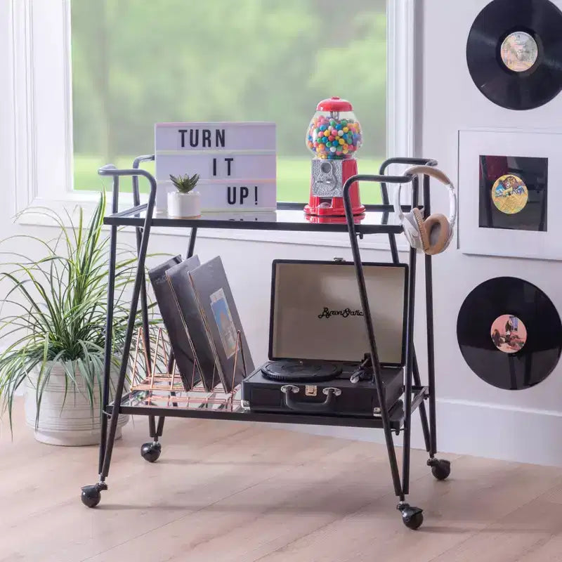 Mid-Century Modern Bar Cart with Wheels and Storage Shelves