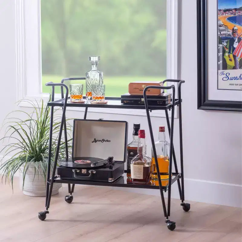 Mid-Century Modern Bar Cart with Wheels and Storage Shelves